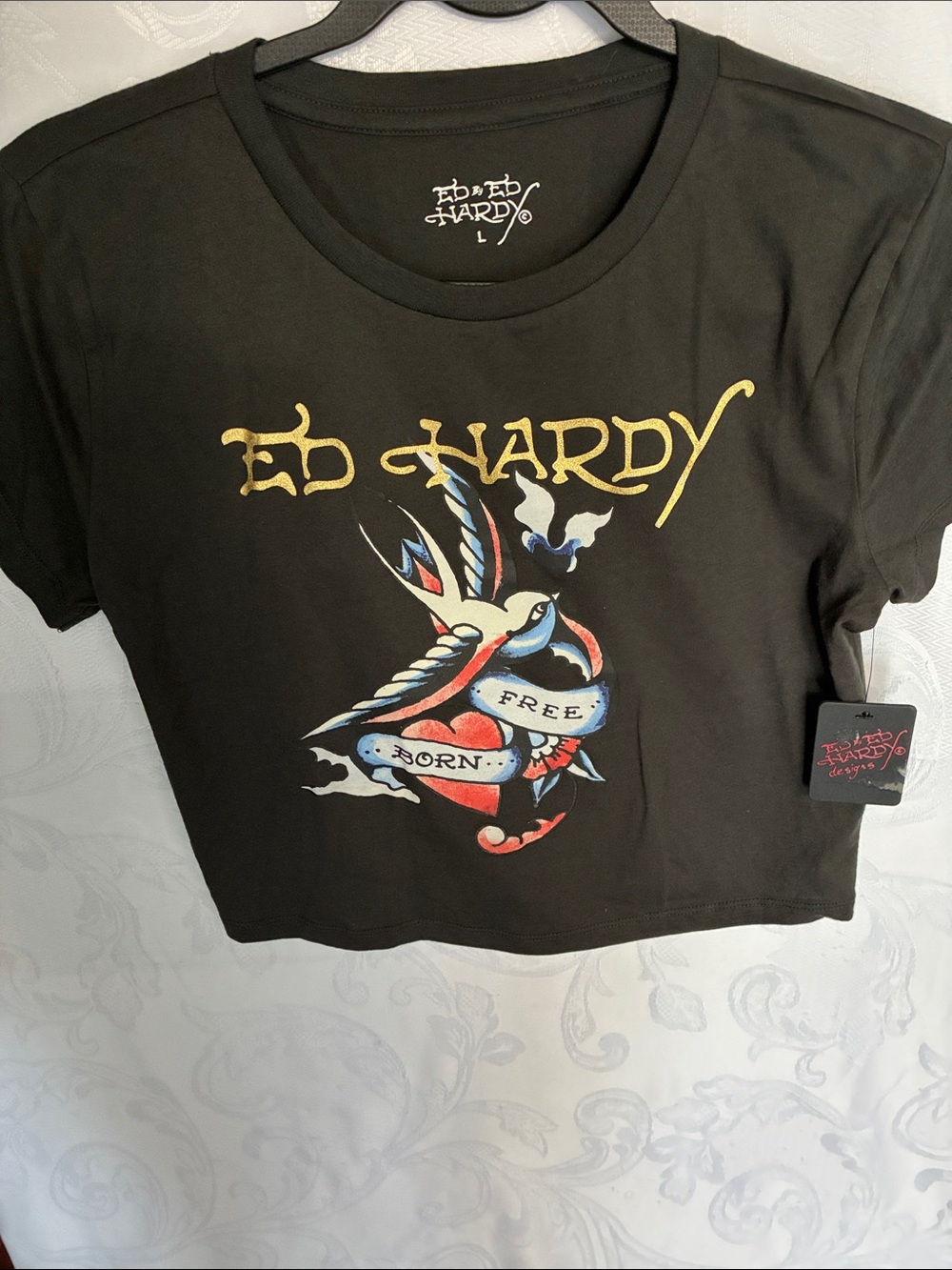 Ed Hardy Juniors Black Graphic Tee with Swallow Tattoo Print